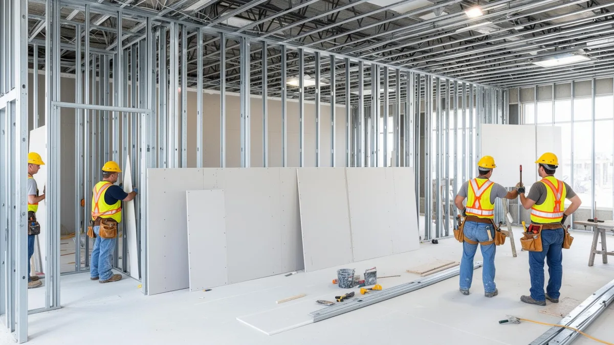 Hire framing estimating services: crew installing steel stud framing and drywall sheets in a commercial building