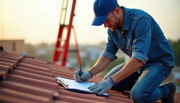 Hire roofing estimating services: estimator inspecting a clay tile roof and recording measurements on a clipboard