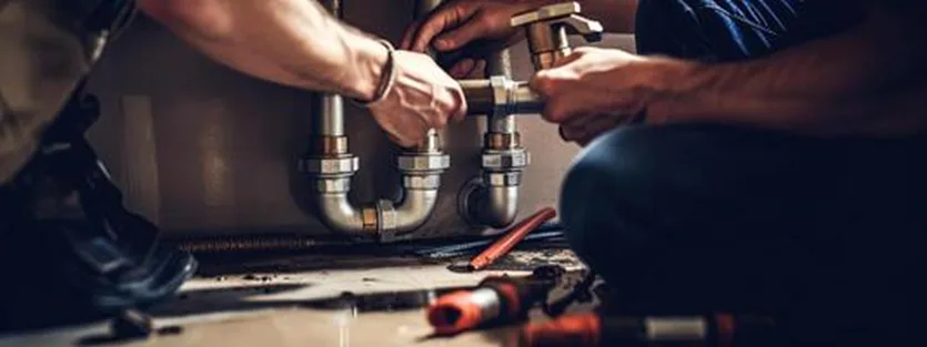 Plumbing estimating services: two plumbers fitting chrome pipes and tools under a sink