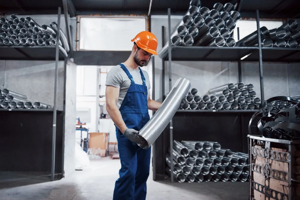 A worker carrying a roll of sheet metal in a warehouse of stacked pipes