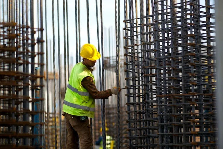 A worker beside tall panels of steel reinforcement mesh