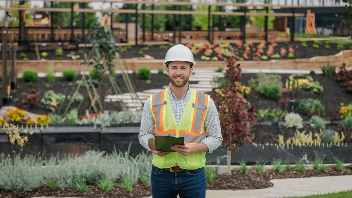 hardscape estimating services: estimator with clipboard at a landscaped site with stone paths and retaining walls