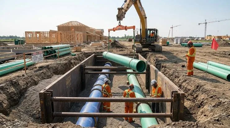 Hire utilities estimating services: workers laying underground pipe in a shored trench at a construction site