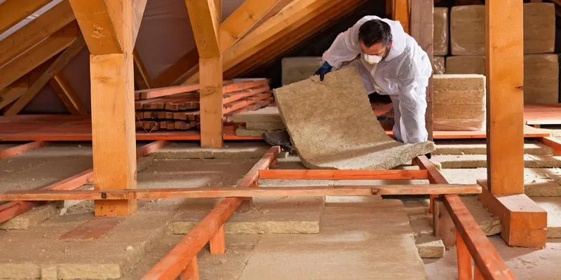 A worker fitting insulation batts between roof timbers